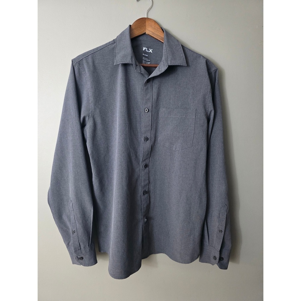 FLX Mens Slim Fit Long Sleeve Button Down Shirt Gray Performance Medium